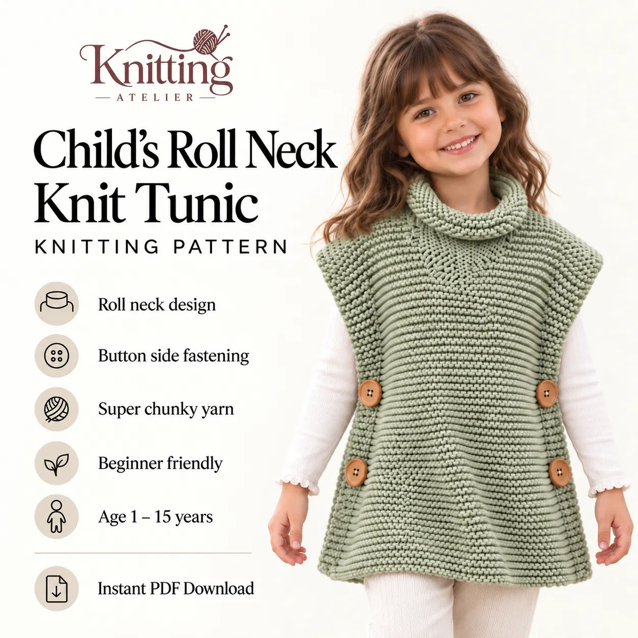 Childs Roll Neck Knit Tunic Knitting Pattern