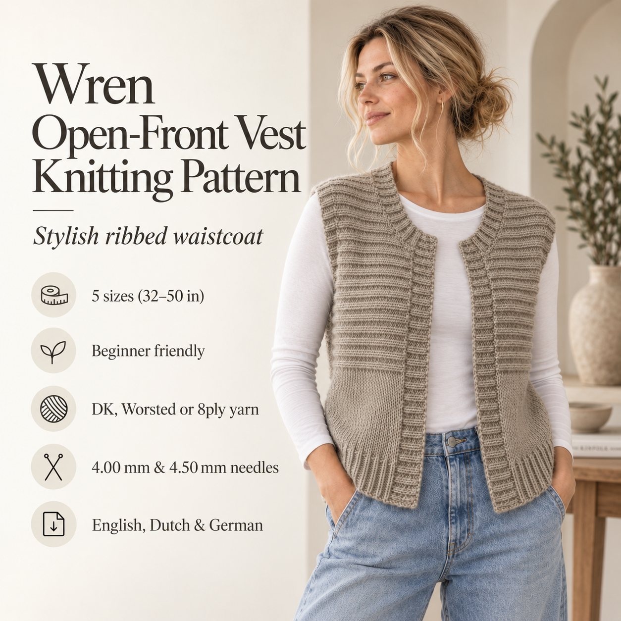 Wren Open-Front Vest Knitting Pattern
